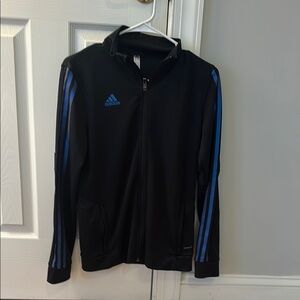 Adidas Black Jacket with Purple/Blue Stripes. Athletic Zip Up